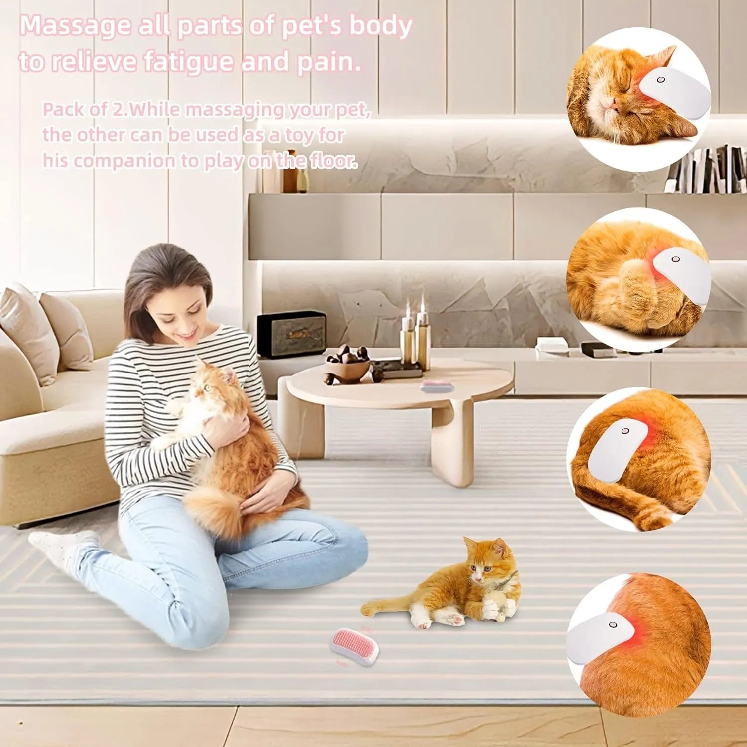 Handheld pink and white electric pet massage brush for cats and dogs on a table.