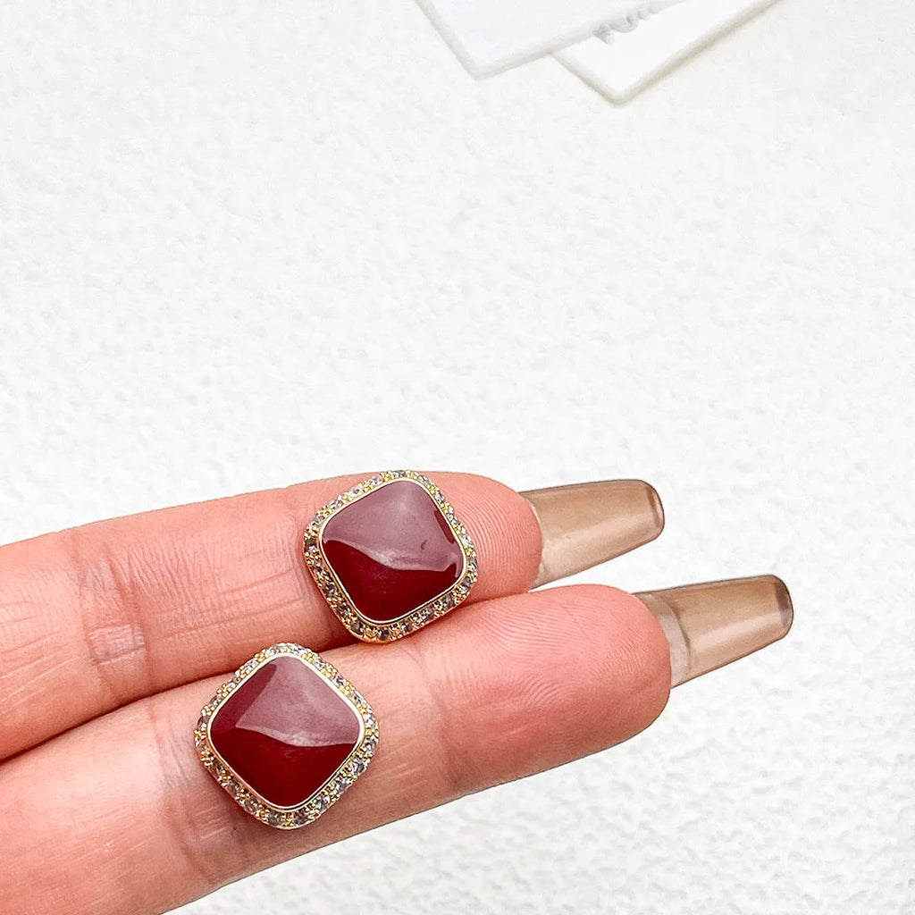 Retro red square geometric alloy earrings with inlaid design and sweet-cool style