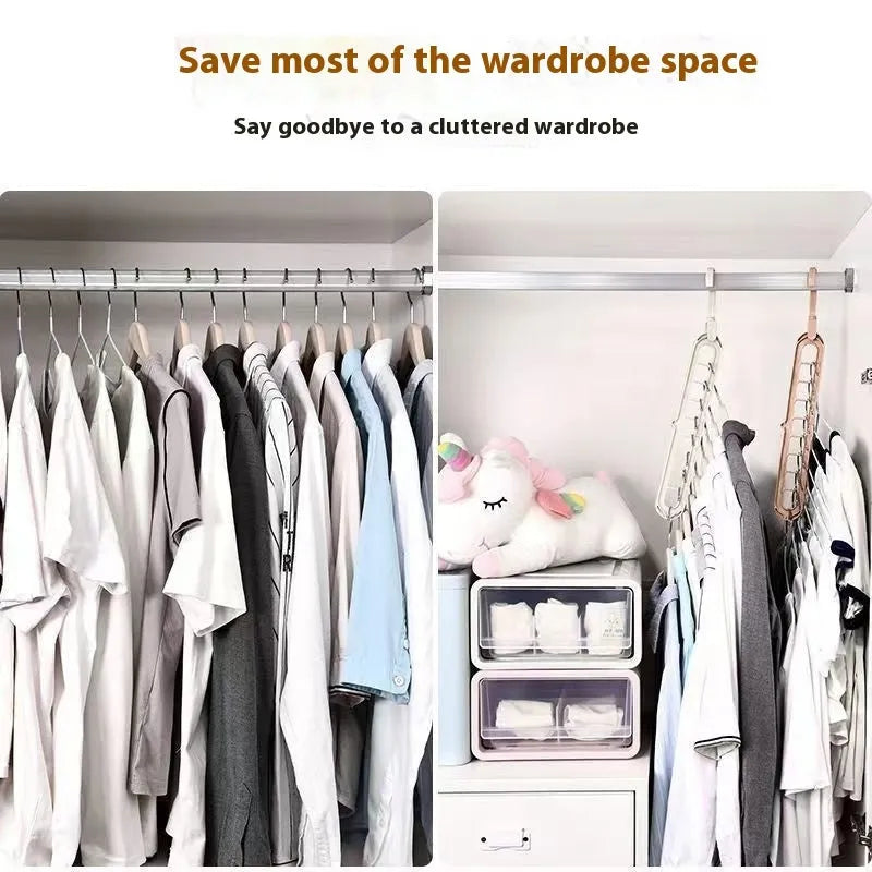 Multifunctional plastic nine-hole folding hanger for trousers, shown in beige, blue, green, pink, and grey colour options.