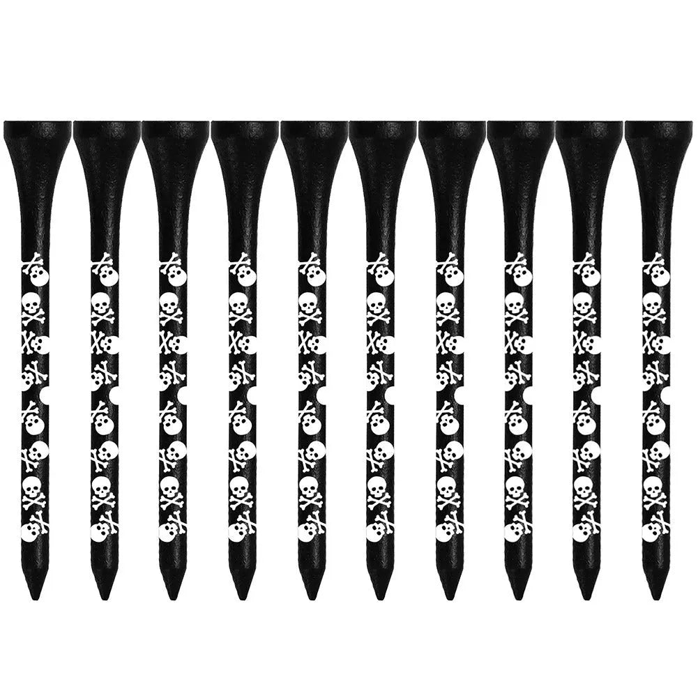Ten black bamboo golf spike dowel pins with skull print decoration in 70mm and 83mm lengths