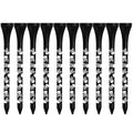 Ten black bamboo golf spike dowel pins with skull print decoration in 70mm and 83mm lengths
