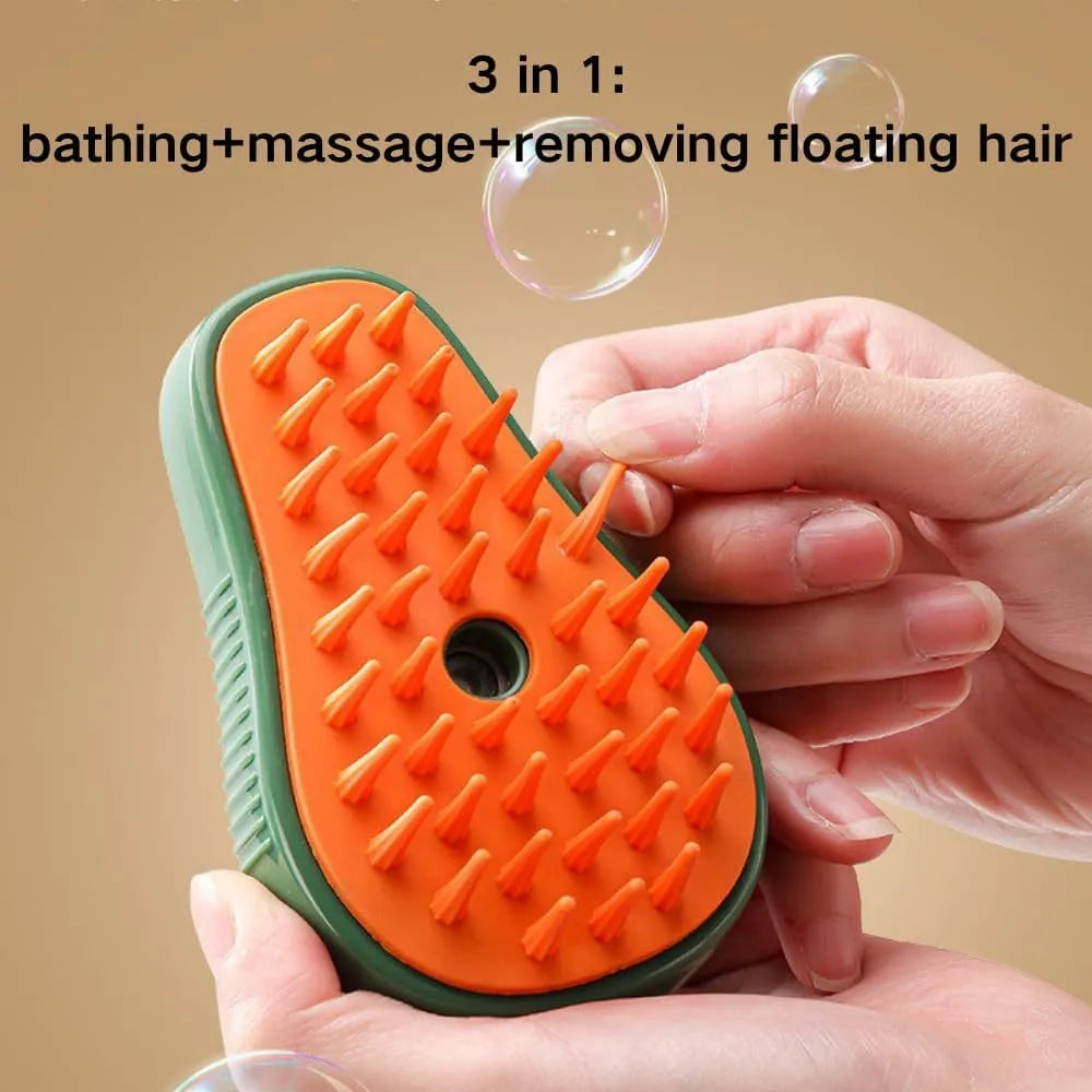 Green and white cat steam brush with silicone bristles and water spray function for pet grooming