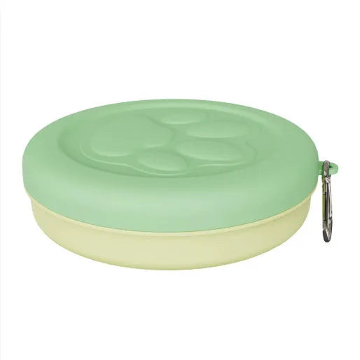 Collapsible silicone dog travel bowl in pink and green colour options