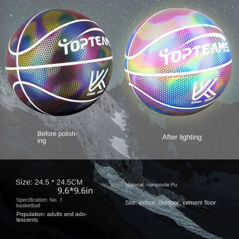 Chroma and white holographic luminous reflective No. 7 basketball made from wear-resistant PU.
