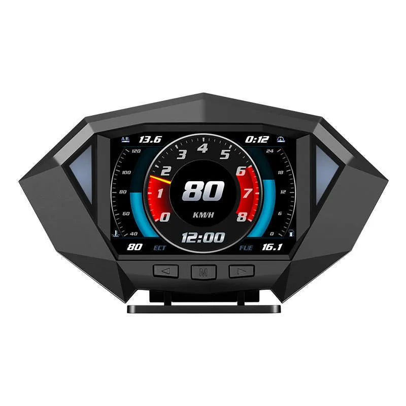 P1 black vehicle head-up display unit with OBD cable on a car dashboard.