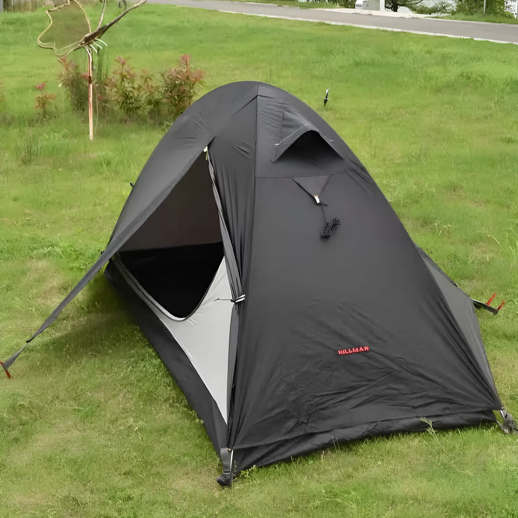 Single person double-layer hiking tent with aluminium poles, shown in a choice of red, black, or orange colours.