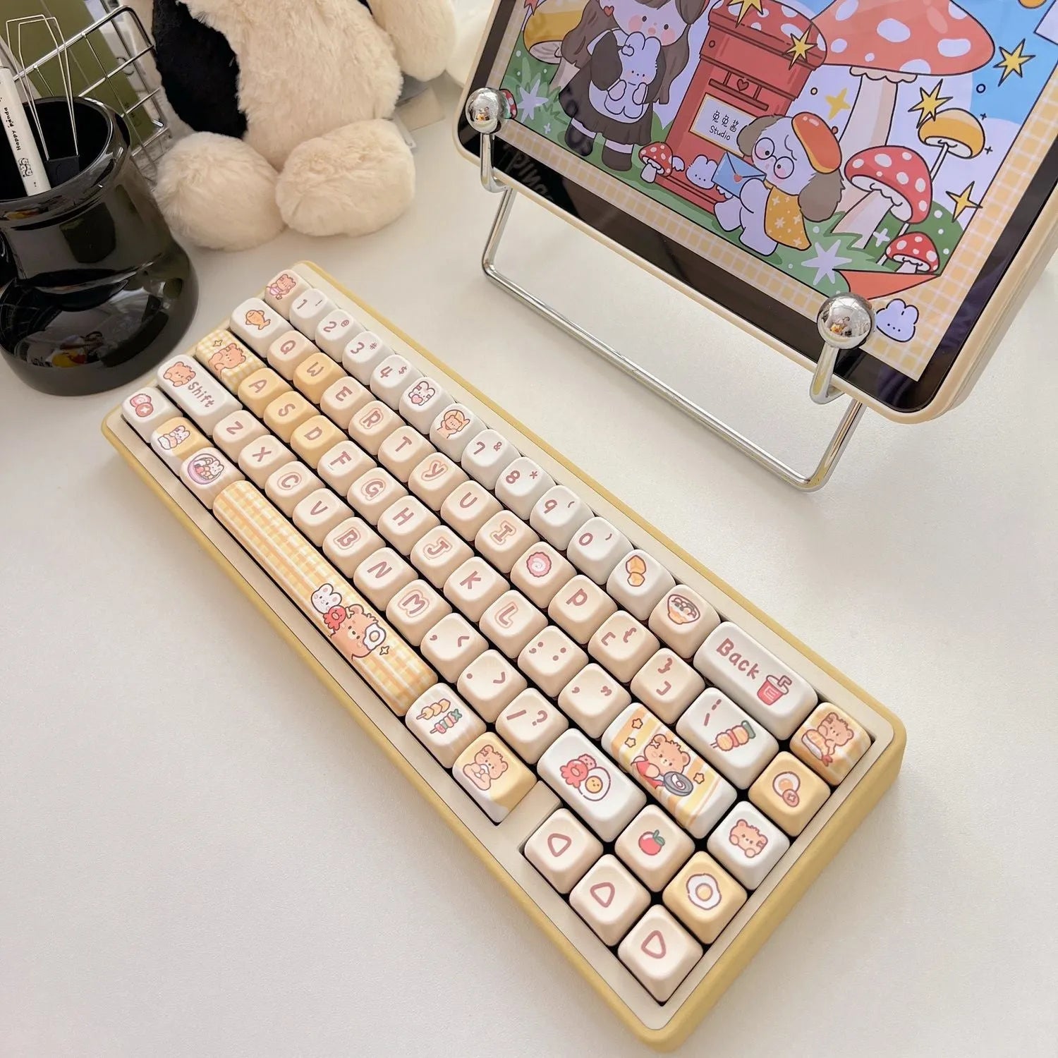 Set of 140 Rabbit Bear Restaurant themed PBT plastic keycaps with EOA height profile for mechanical keyboards.