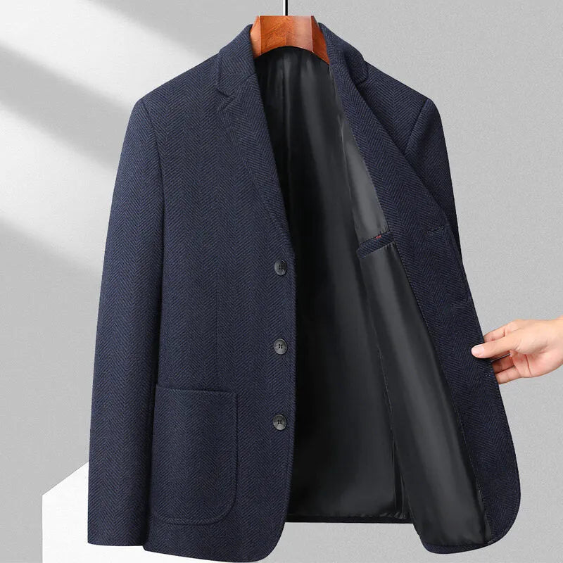 Men's simple style loose fit wool blend coat shown in a solid colour for spring and autumn.