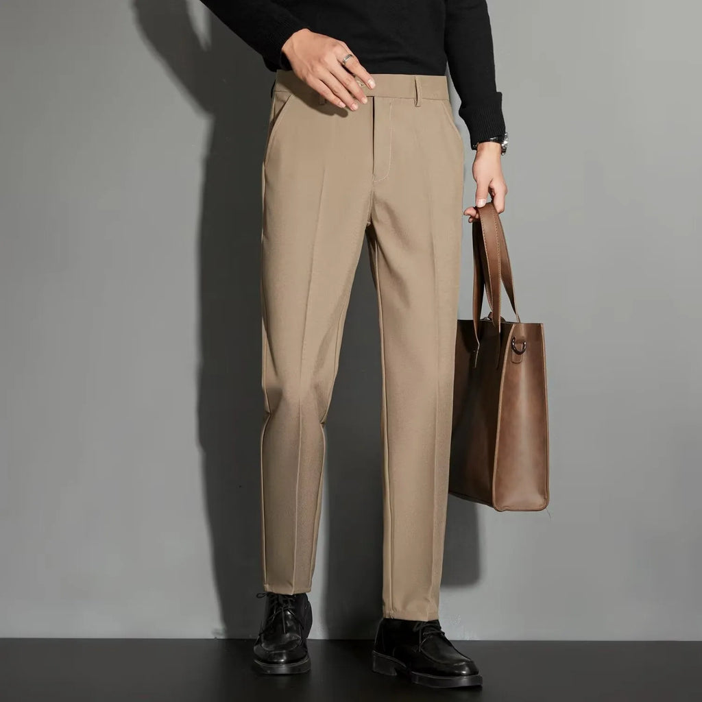 Men's straight ankle-length suit trousers with spring draping effect in chemical fibre blend fabric