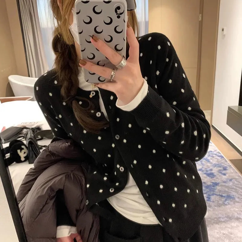 Women's grey dot crochet knitted cardigan with long sleeves and loose fit