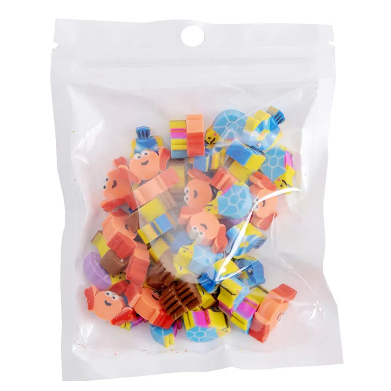 Assortment of 50 colourful cartoon mini erasers including fruits, animals, and themed shapes on a white background.