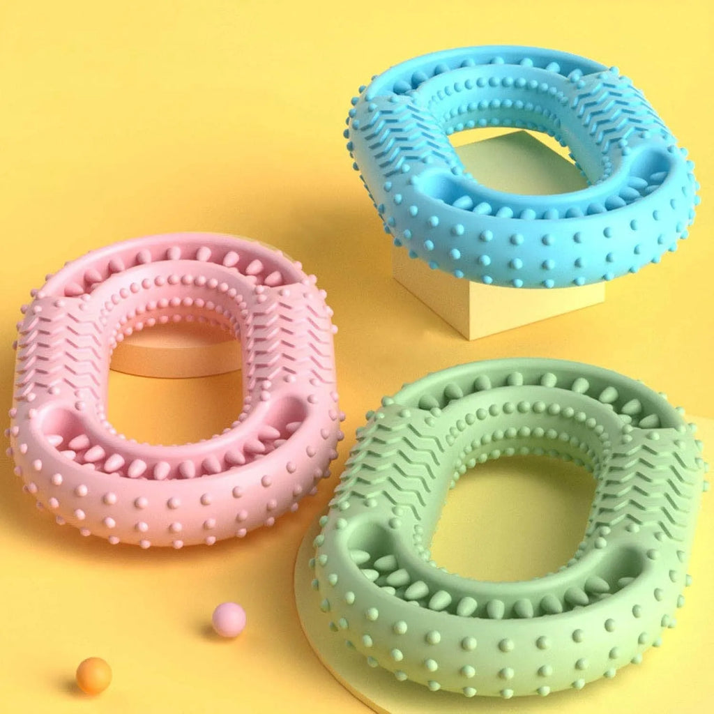 Blue green pink O-ring shaped durable dog chew toy for aggressive chewers size 12.5 cm