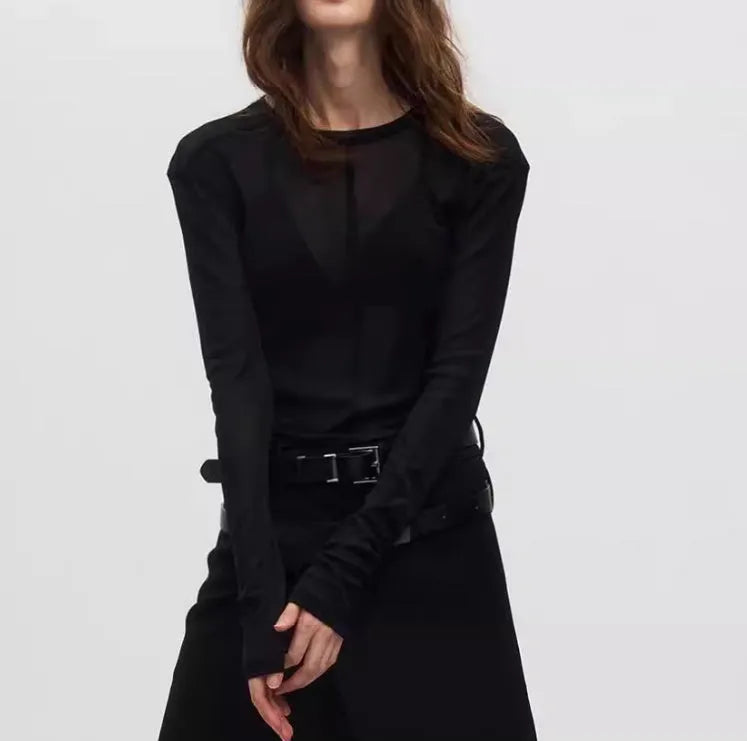 Black mesh texture slim-fit women's pullover with long sleeves