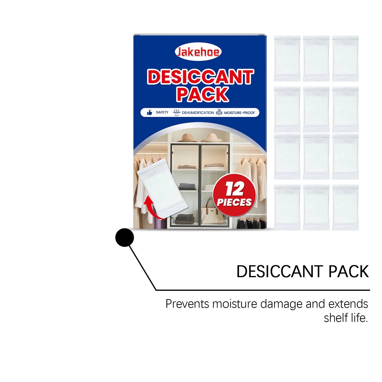 Twelve white calcium chloride desiccant sachets, each 100g, for absorbing moisture in wardrobes and cupboards.