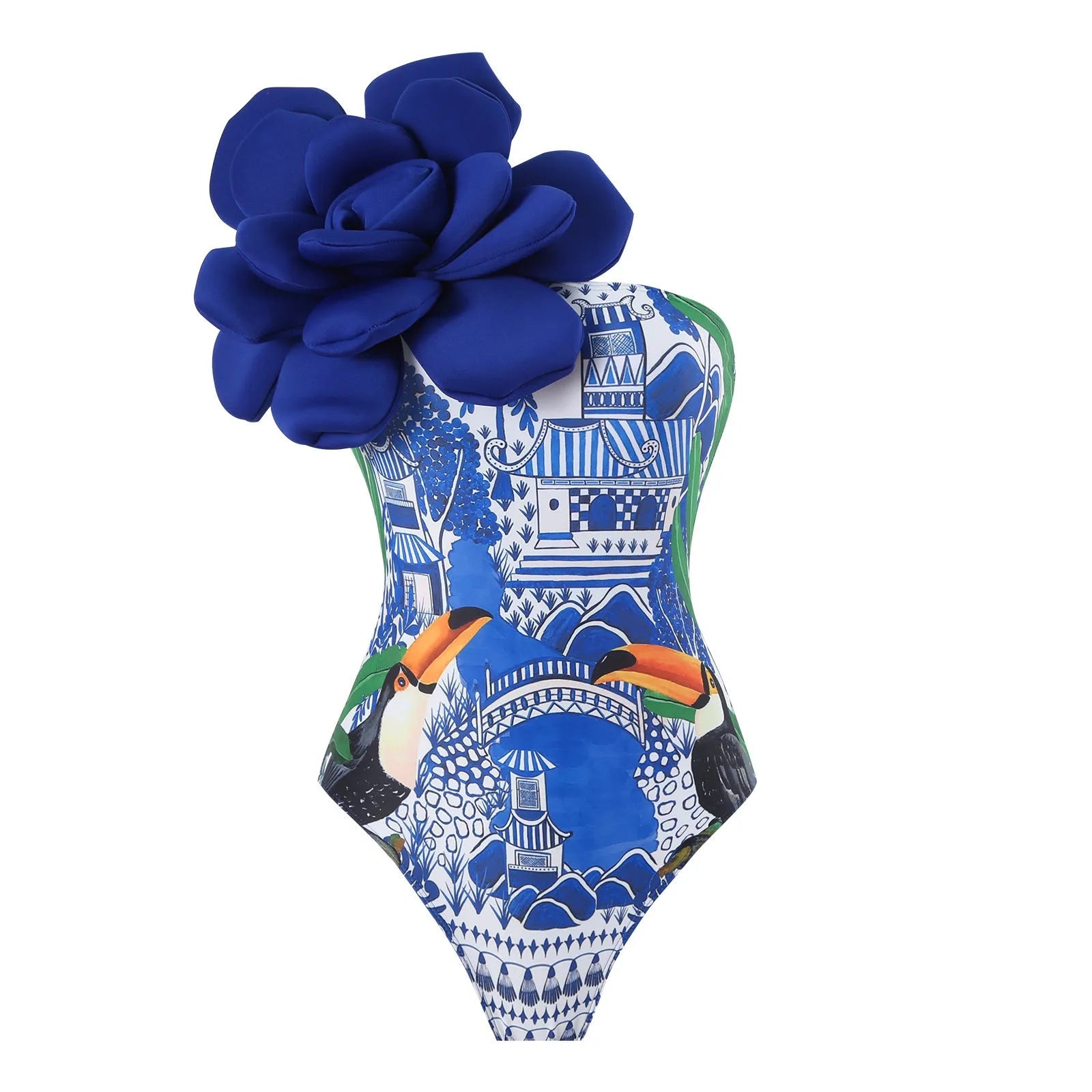 Women's blue printed one-piece swimsuit with matching gauze skirt set