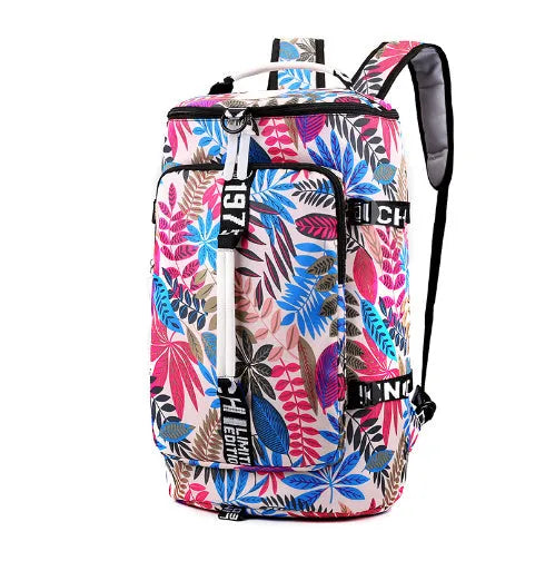 Waterproof nylon gym backpack with combination lock showing shoe compartment and multiple pockets