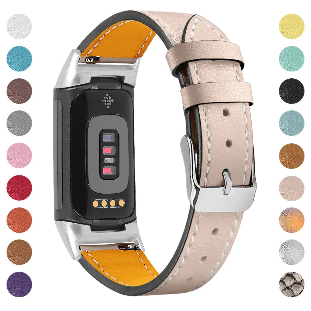 Genuine leather replacement strap for Fitbit Charge 5 and Charge 6 smartwatches in multiple colour options.