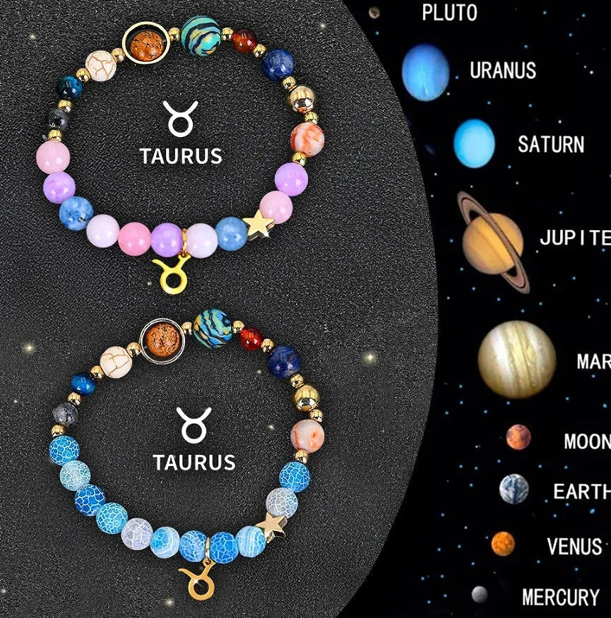 Set of two natural stone beaded bracelets with zodiac sign charms on a white background.