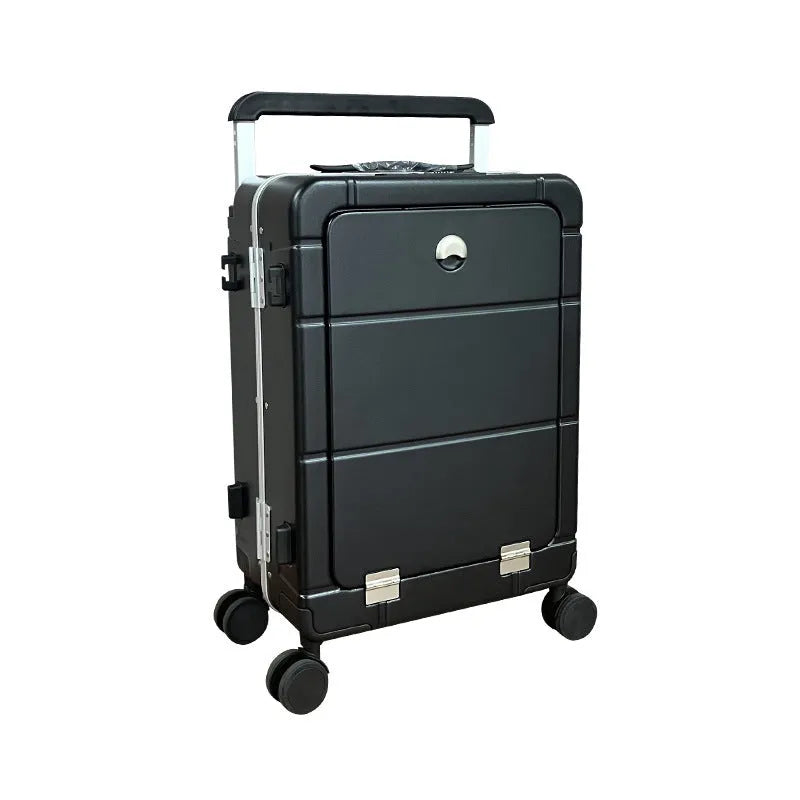 20-inch front opening suitcase in multiple colours showing wet-dry compartments and cup holder.