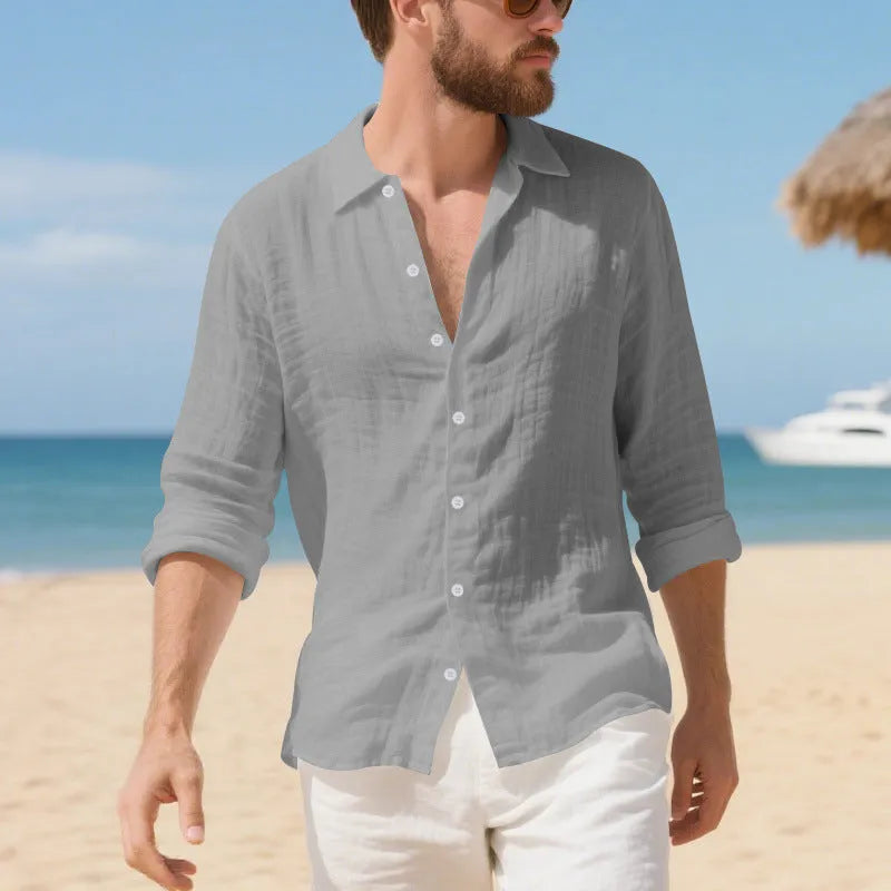 Linen Hawaiian casual shirt in American loose fit style with non-ironing feature