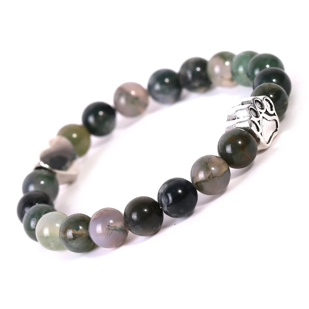 Tigereye Indian Agate stone beaded dog's paw bracelet on wrist, showing geometry shape and round beads.