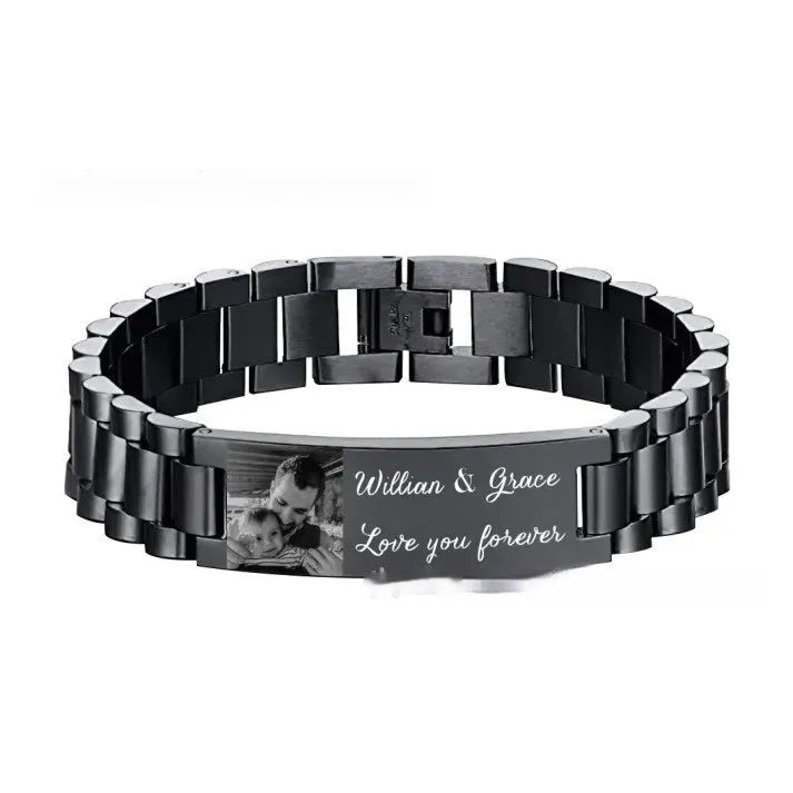 Titanium steel men's lettering bracelet with heart-shaped curved piece design