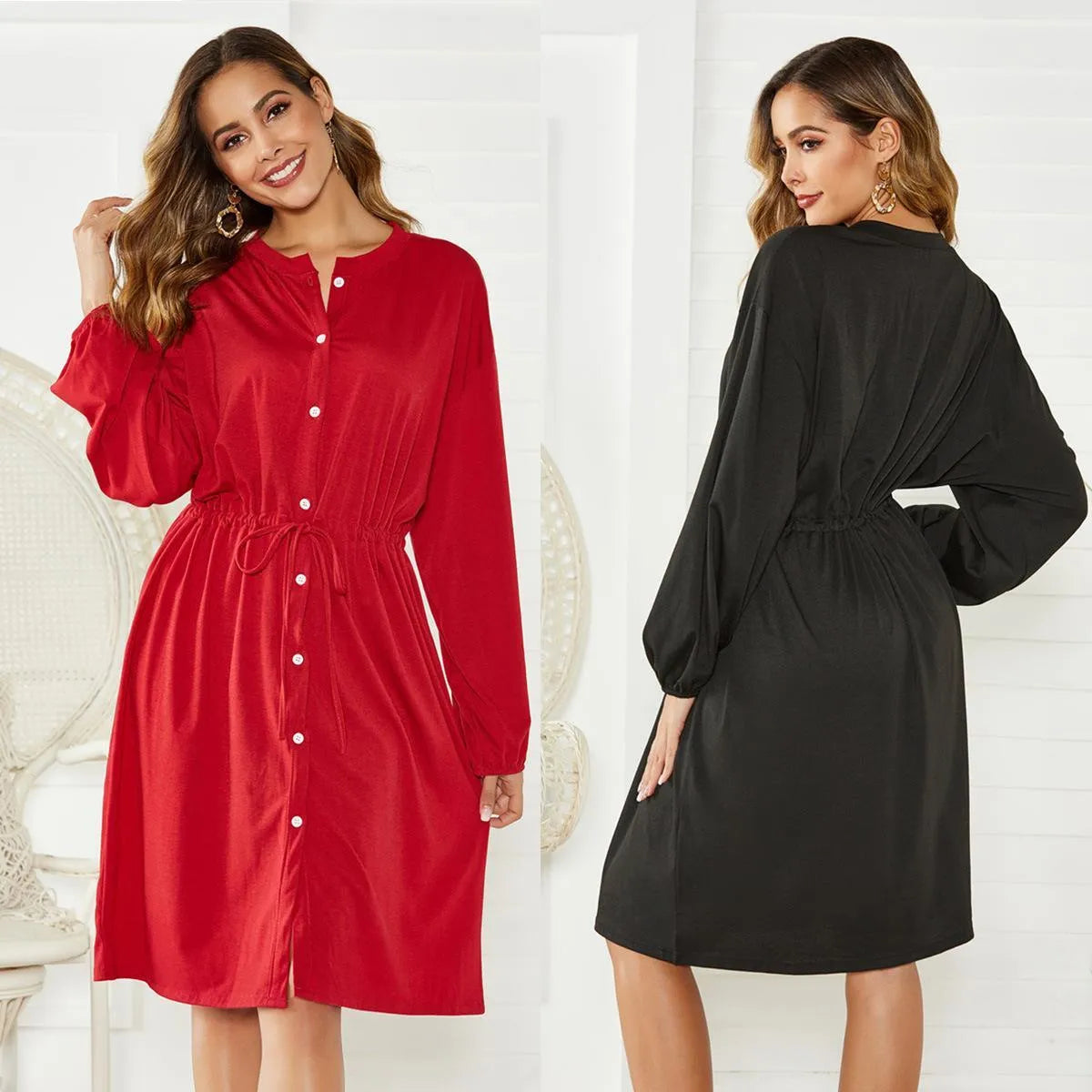 Elastic waist short dress with long sleeves and belt in solid black or red polyester A-line style