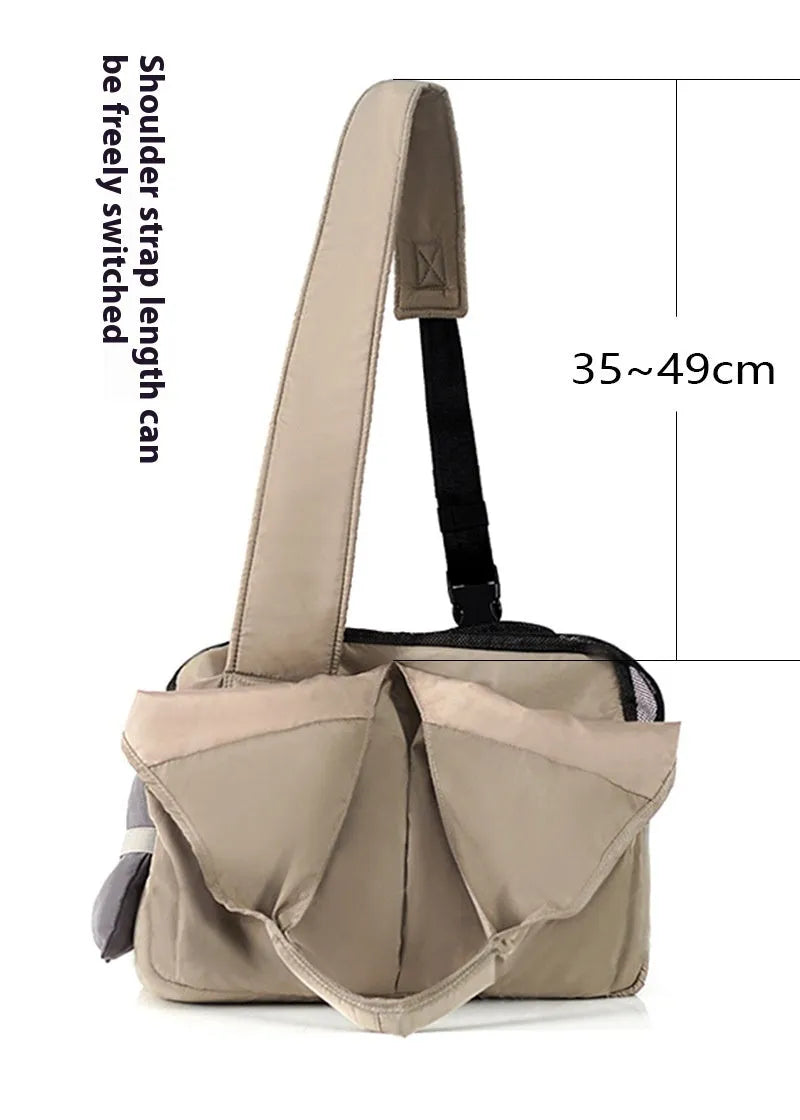 Apricot cloth pet handbag carrier with dimensions 41x16x28cm for small animal transport