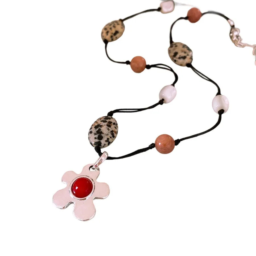Women's stone shell beaded flower pendant necklace with adjustable 51-60cm alloy chain