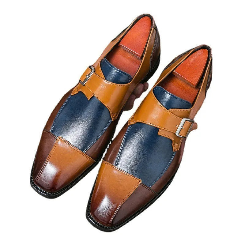 Men's brown blue and black retro buckle casual leather shoes with tall crown