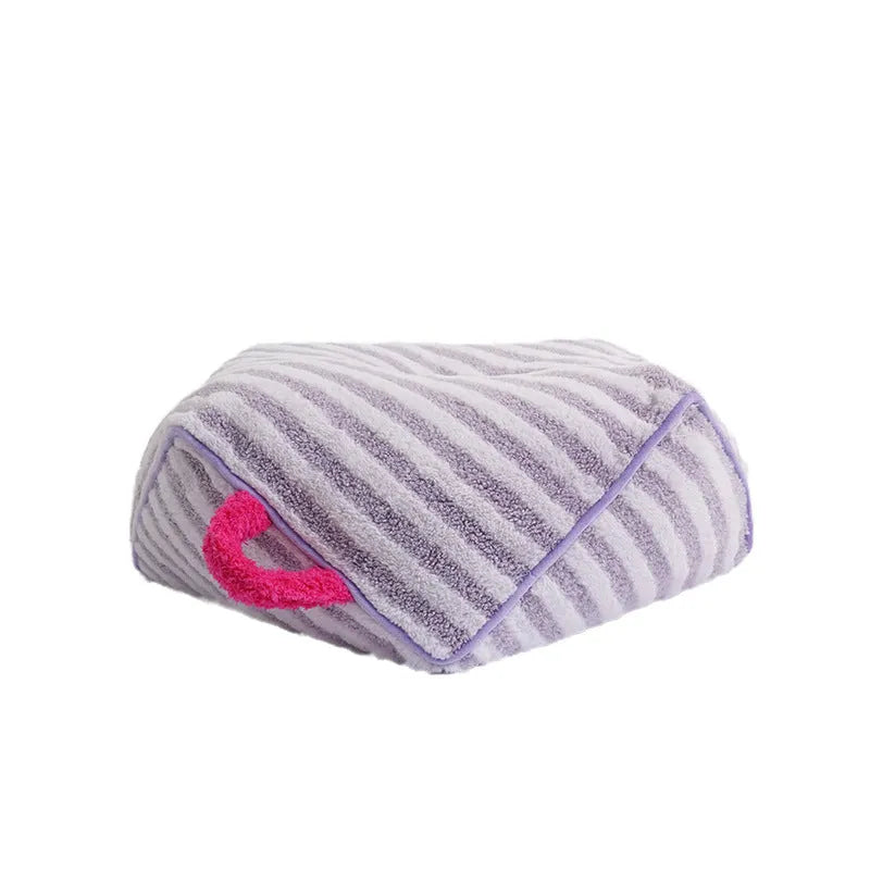 Striped plush dog bed in yellow, orange or purple colours with removable washable design