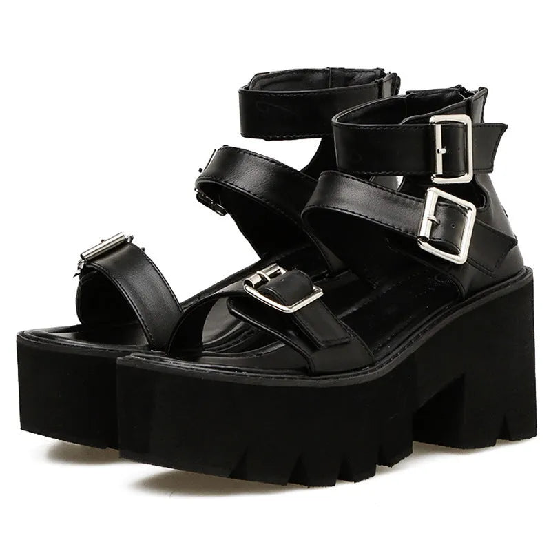 Black women's chunky heel sandals with back zipper, thick sole, buckle detail and round toe in punk Harajuku style.