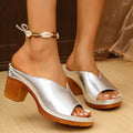 Women's platform slippers with thick square heels in beige, round toe design