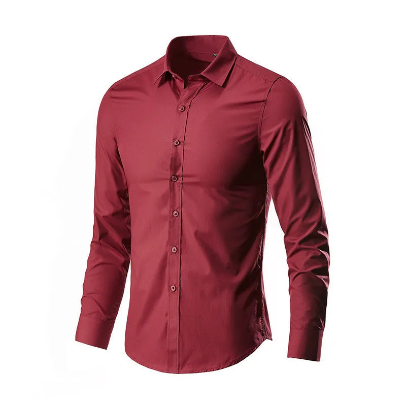 Man wearing a simple long-sleeve linen shirt in a loose fit, available in multiple colours and sizes.