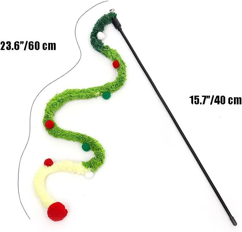 Blue green pink plush strip cat wand toy with bell on 41cm pole
