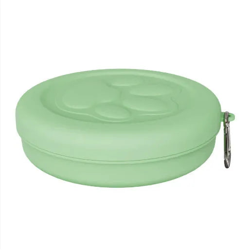 Collapsible silicone dog travel bowl in pink and green colour options