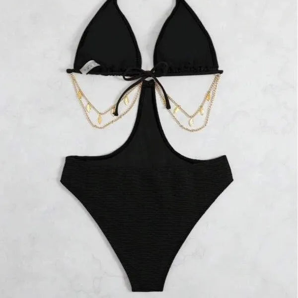 Women's black bikini swimsuit with chain detail, sleeveless design on a mannequin.