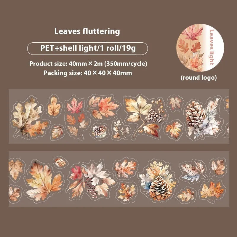 PET decorative sticker roll showing six natural leaf colour variations including ginkgo and maple designs