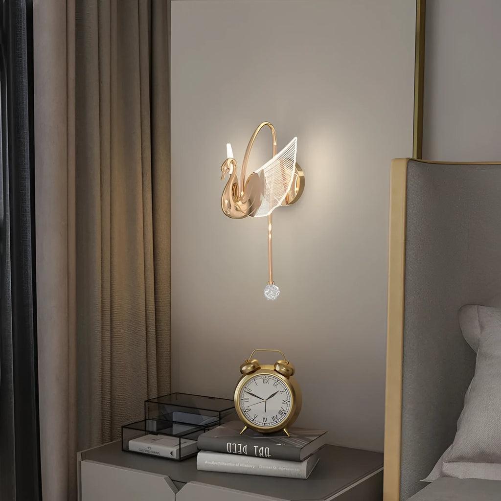Gold modern swan bedside wall lamp with acrylic shade and dimming control