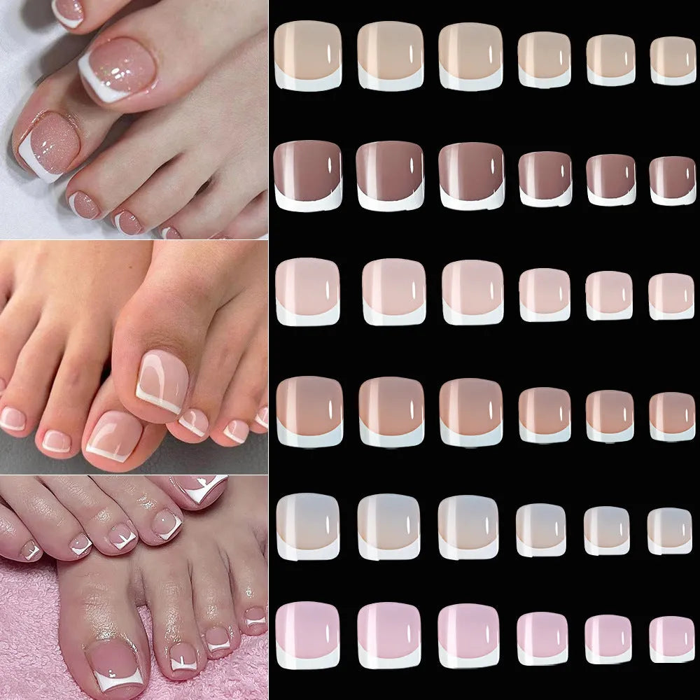 French white edge feet nude full square short artificial nail pieces 120pc boxed set showing multiple nude colour shades