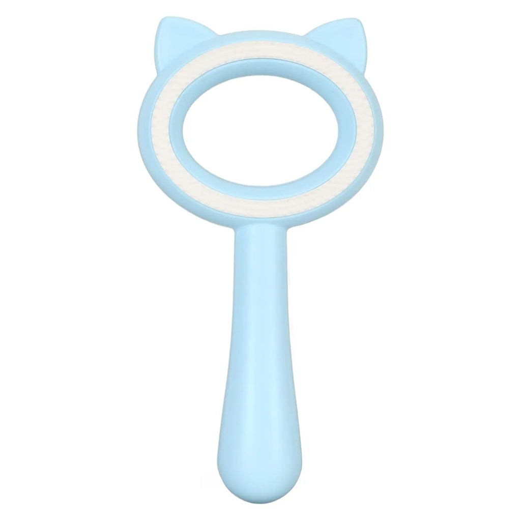 Double-sided pet grooming brush with ergonomic handle shown in blue and white colour options