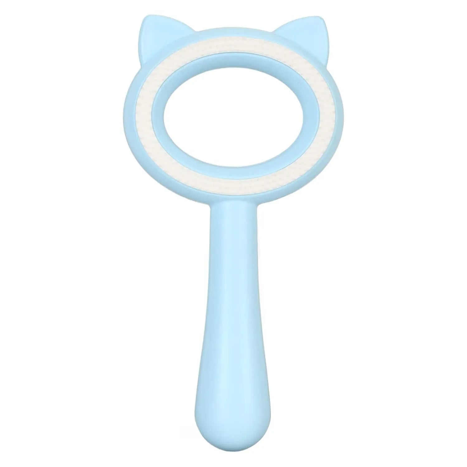 Double-sided pet grooming brush with ergonomic handle shown in blue and white colour options
