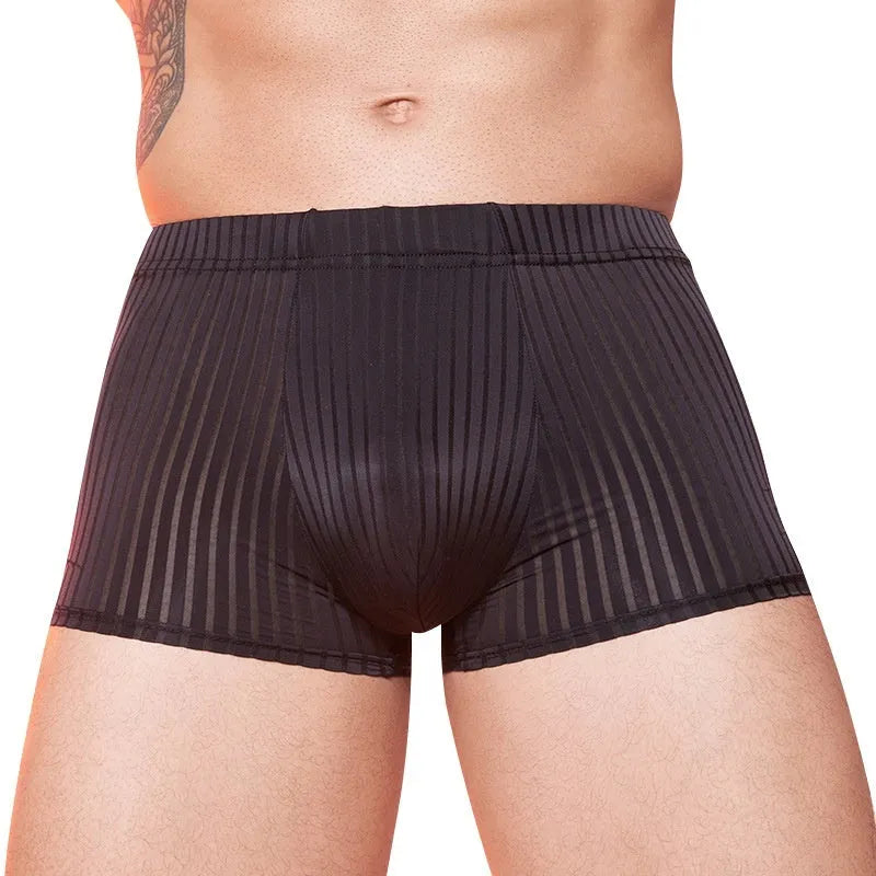 Men's black striped nylon underwear laid flat, showing thin transparent fabric and free-size fit.