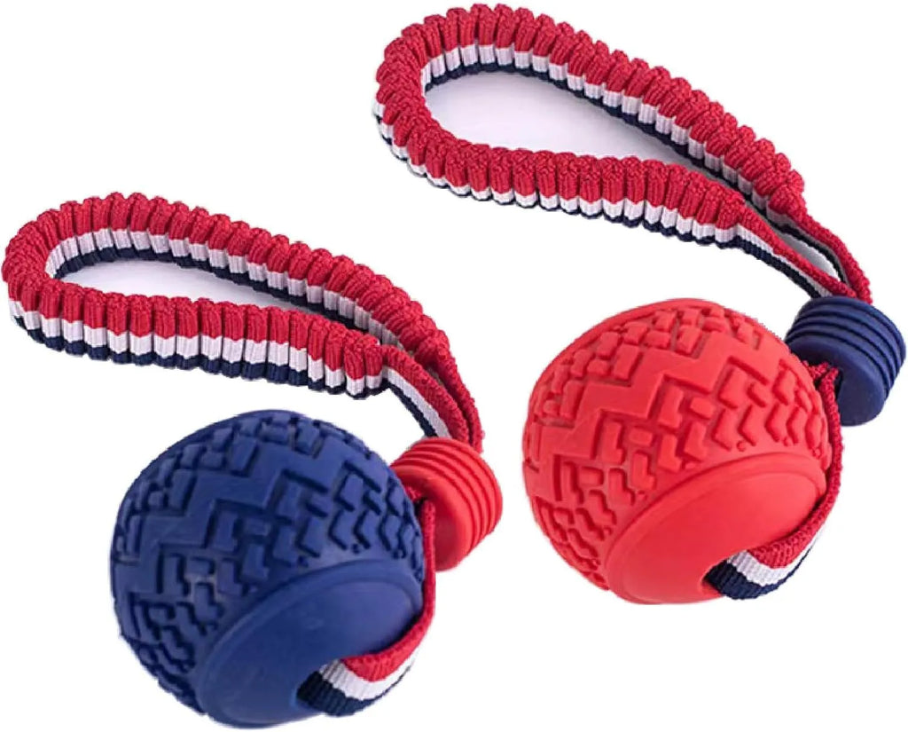 Blue dog ball with rope toy showing 29cm length and textured 6.5cm rubber ball