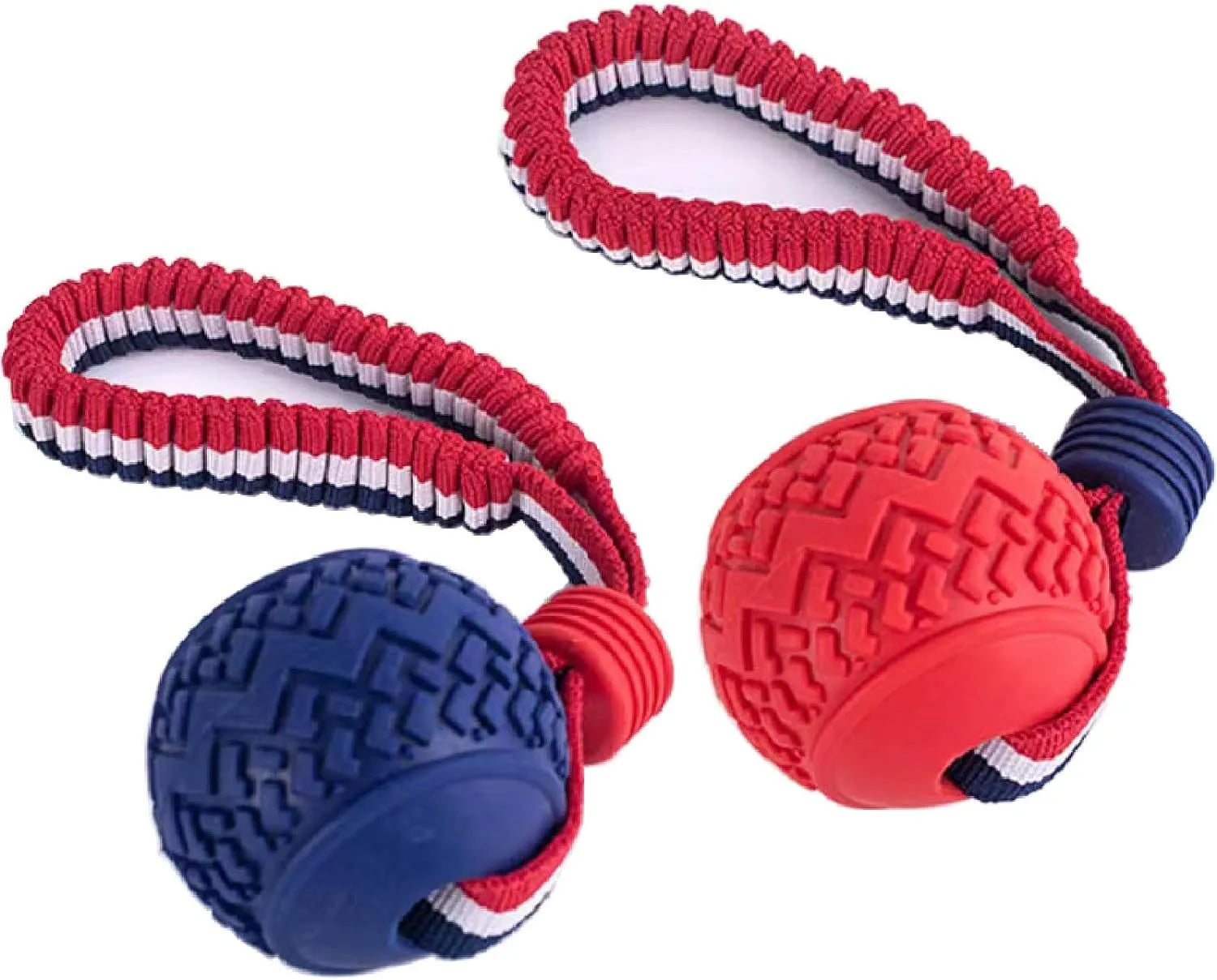 Blue dog ball with rope toy showing 29cm length and textured 6.5cm rubber ball