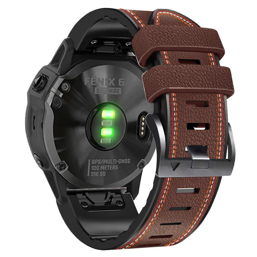Garmin Fenix quick release silicone leather watchband in black, showing strap and quick release spring bars