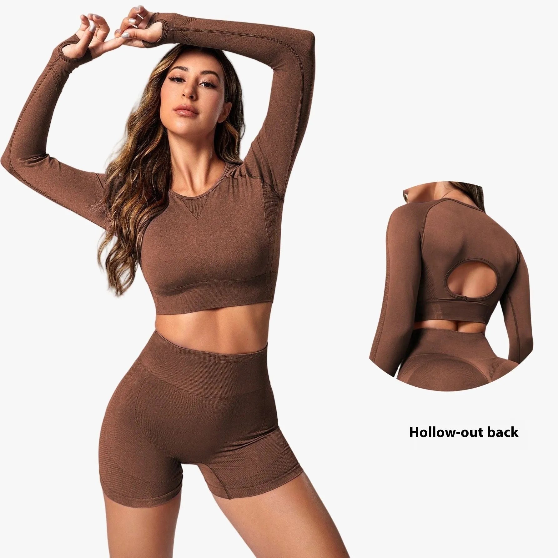 Women's black yoga suit set with long sleeve top and high-waisted tights on a mannequin.