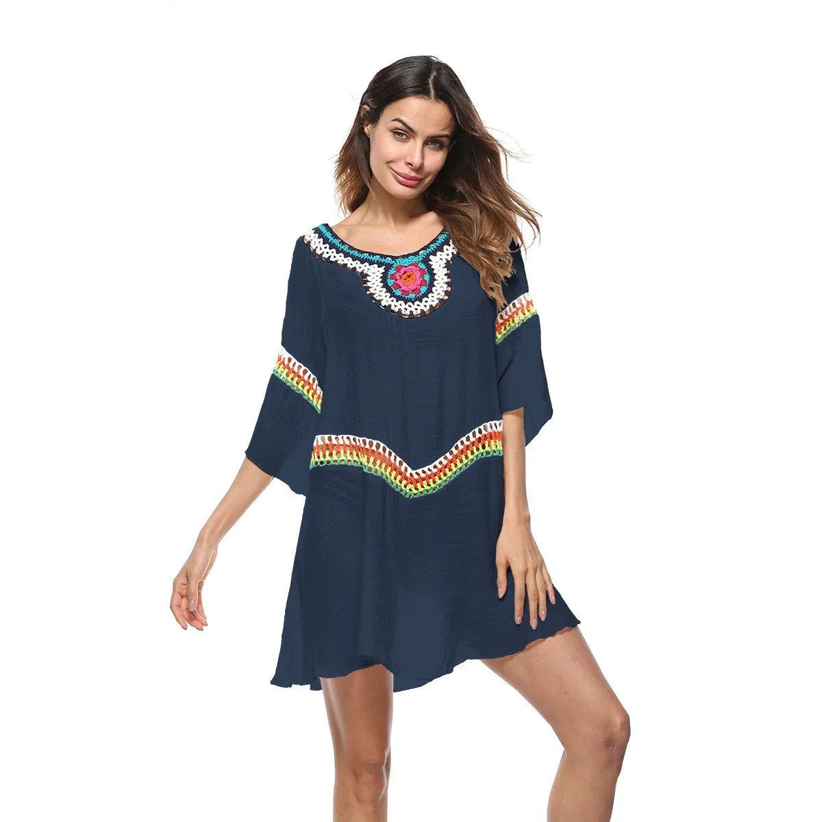 Crocheted ethnic style beach sun protection clothing for women in white, black, blue or apricot