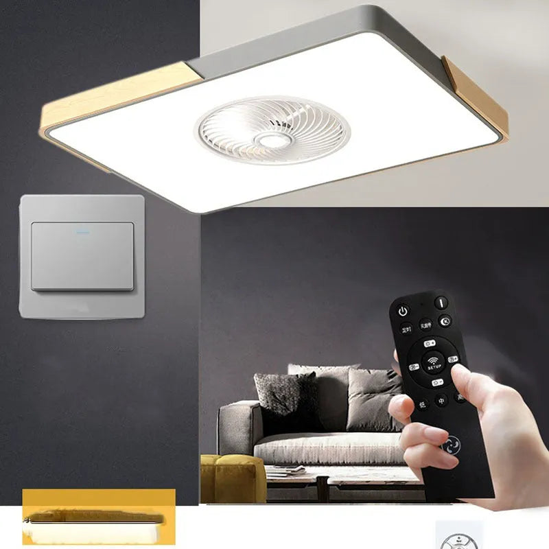 Nordic style ceiling fan with integrated light on a solid wood base, shown in rectangular, round, and square options.