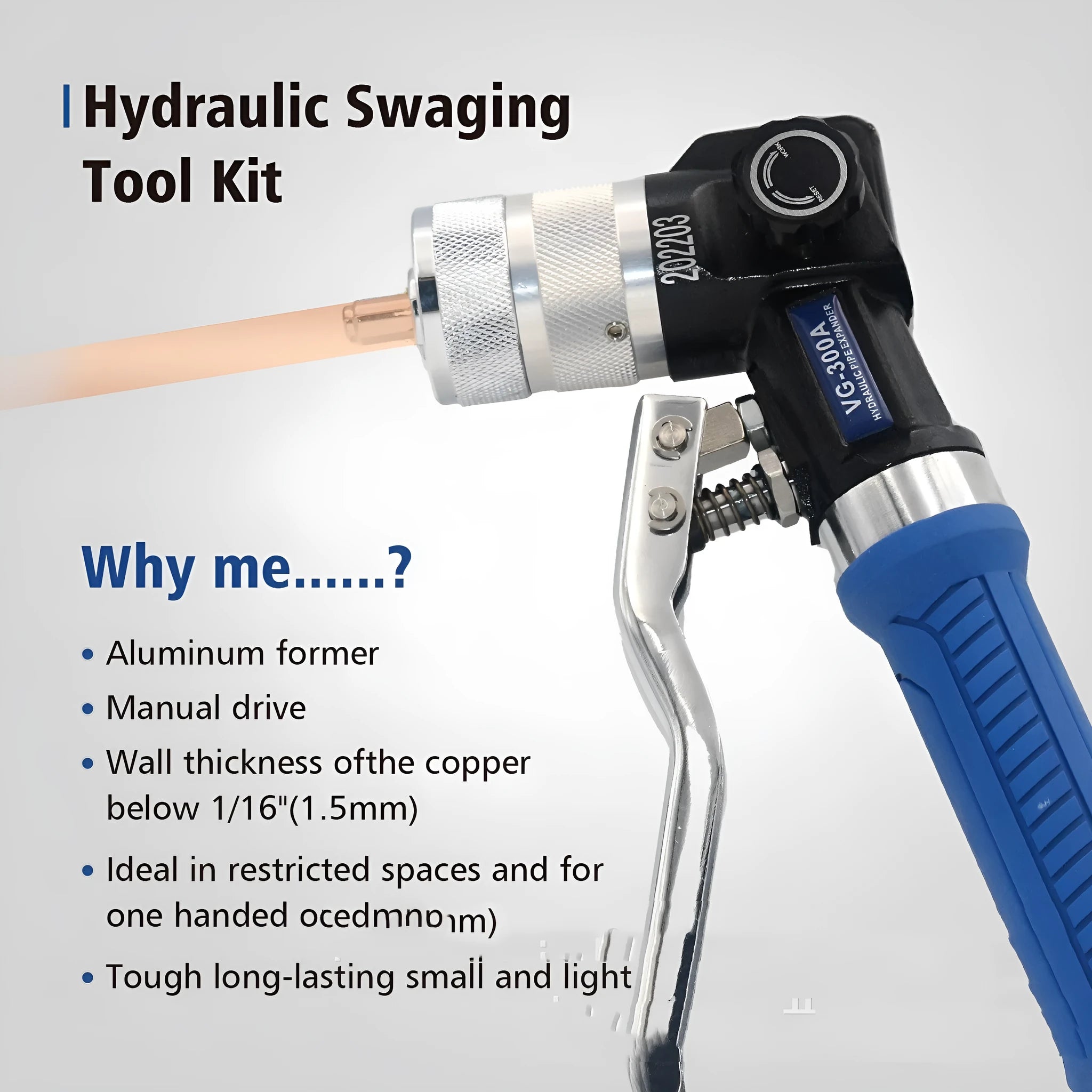 VG-300 hydraulic tube expander tool for refrigeration maintenance made from high-strength alloy steel.